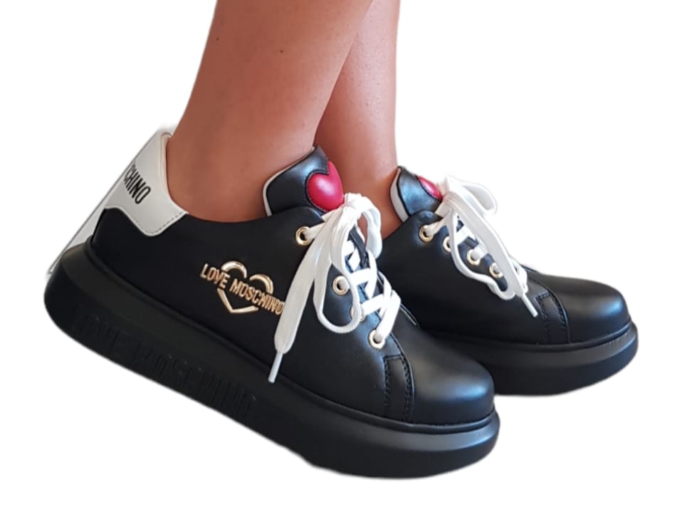 Love Moschino sneakers Pelle white fondo gomma Black alta 4,5 cm